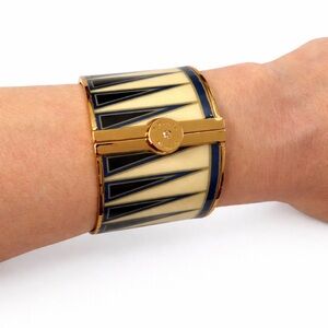 Vintage Ann Taylor Cream & Navy Enamel Wide Gold Tone Statement Cuff Bracelet